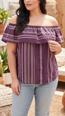 Lane Bryant Purple Striped Off The Shoulder Ruffle Top Size 18/20 Pom Pom Trim
